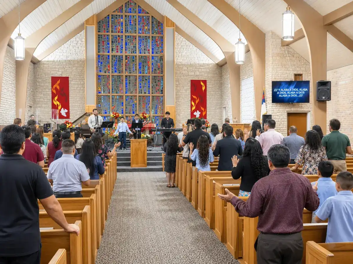 Congregación de Valle de Vida adorando a Dios en el santuario
